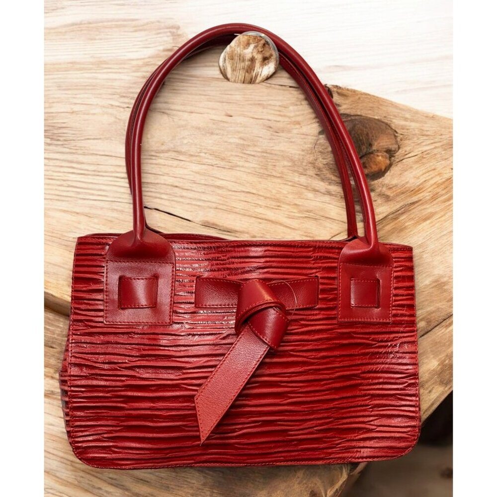 Vintage Casa Lopez Red Textured Leather Handbag With Knot Detail & Dual Handles